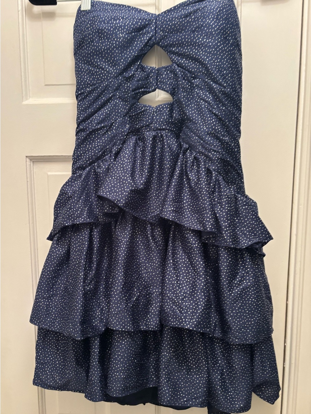 White BM Shimmering Navy Glitter Dots Strapless Ruffle Dress
Size 4